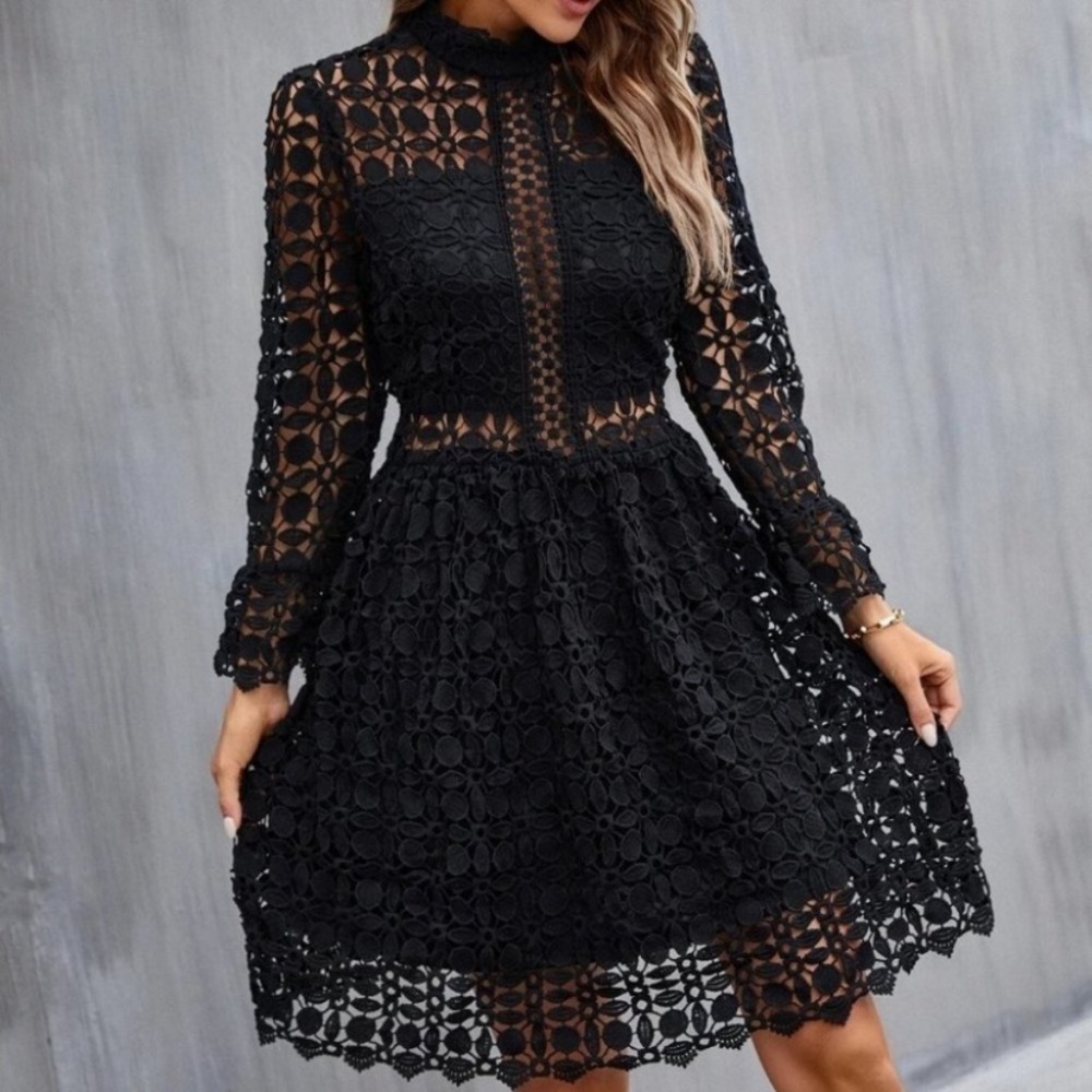 Mock Neck Flounce Sleeve Lace Dress black